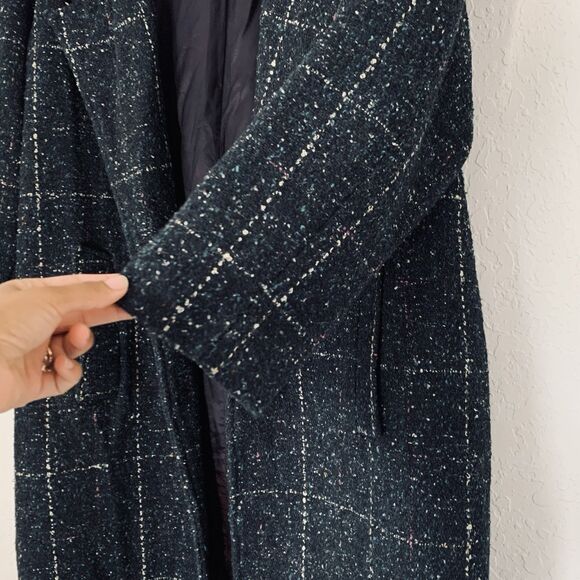 Vintage 80s Women L/XL* Coat Black Tweed Speckled Wool Leather Button Mod Gogo - Picture 4 of 15